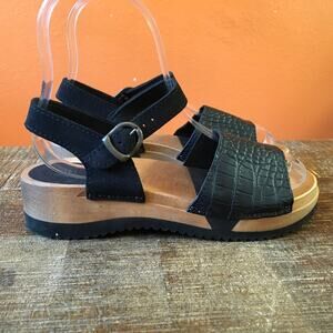Sanita Rhoda Sport Flex Sandal BLack LEather Strap Wood Platform 38 7.5 Boho